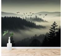 3D Carta da Parati Tridimensionale Foresta Avvolta Dalla Nebbia Uccelli | Texture in Seta di Alta Qualità Ideale per Studi Uffici Sale da Pranzo Divani Camere Letto Soggiorni Dietro la TV-300cm×210cm