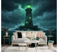 3D Carta Da Parati Verde Faro Relitto Mare | Facile da Installare Ideale per Decorazioni di Lusso su Misura Uffici Soggiorni Camere Letto Pareti Dietro il TV-350cm×256cm