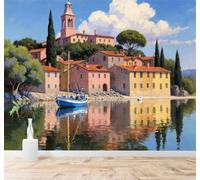 3D Carta da Parati Villaggi Lacustri Edifici Lago Barche A Vela Paesaggio | Murales Creativi e Moderni Per la Casa Studio Soggiorno Camera da Letto Divano Sfondi Decorazioni Murali di Lusso-400cm×280cm