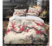 3D Design Printed 3 Pcs Bedding Set Bed Decor Zipper Super Red Plum Blossoms Comforter Cover Washable Machine Washable for Youth,Kids,Women Chinese Ink Painting Quilt Cover Double（200x200cm）