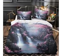 3D Design Printed 3PCs Bedding Set Cherry Blossoms Waterfall Comforter Cover Home Decor Hidden Zipper Extra Soft Breathable for Teens,Boys,Girls Fantasy Duvet Cover King（220x240cm）