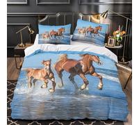 3D Design Printed 3PCs Bedding Set Room Decor Zipper Ultra Soft Horse Running Beach Comforter Cover Durable Easy Care for Children,Teens,Women Wild Animal Freedom Quilt Cover Single（135x200cm）