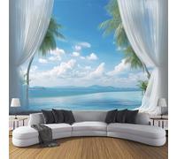 3D Fotomurale Murales Fuori Dalla Finestra Vista Mare Carta da Parati Panoramica 400×280cm Isola Con Palme Fotomurali Tessuto Non Tessuto Decorazione Parete Camere da Letto Soggiorno Pareti Murale