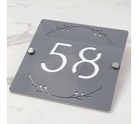 3D Hollow Acrylic House Number Sign with Ornamental Floral Design - Custom Laser Engraved Address Plaque for Wall, Matte Finish Floating Door Number Plate (Grey White)