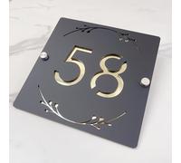 3D Hollow Acrylic House Number Sign with Ornamental Floral Design - Custom Laser Engraved Address Plaque for Wall, Matte Finish Floating Door Number Plate (Black Gold)
