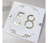 3D Hollow Acrylic House Number Sign with Ornamental Floral Design - Plaque Address Custom Laser Engraved for Wall, Matte Finish Floating Door Number Plate (White Gold)