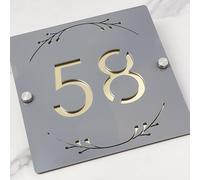 3D Hollow Acrylic House Number Sign with Ornamental Floral Design - Plaque Address Custom Laser Engraved for Wall, Matte Finish Floating Door Number Plate (Grey Gold)