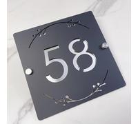 3D Hollow Acrylic House Number Sign with Ornamental Floral Design - Plaque Address Plaque for Wall, Matte Finish Floating Door Number Plate (Black Silver)