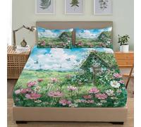 3D Lenzuolo con Angoli in Microfibra 90x200x30cm Campagna Da Favola Fantasy Altezza Materasso Fino a 30 cm Traspirante Morbido Copriletto Verde Set di Biancheria da letto