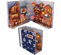 3D Libro In Legno Stand Puzzle DIY Book Nook Kit con Luce LED Stile Giapponese Miniatura Casa delle Bambole Modello Building Kit per Compleanno Casa Scrivania Decorazione