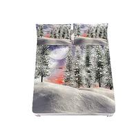 3D Paesaggio Set di Lenzuola con 2 Federe, Ouduo Microfibra Lenzuolo sotto con Angoli profondità 30cm ed Elastic per Letto Singolo Matrimoniale King Size (Foresta di Neve,150x200x30cm)