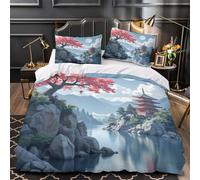 3D Print 3 Pcs Bedding Set Bed Decor Zipper Closure Design Super Soft Pink Cherry Tree Quilt Cover Hypoallergenic Easy Care for Teens,Youth,Children Japanese Temple Duvet Cover Single（140x200cm）