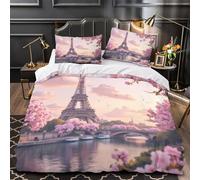3D Print 3PCs Bedding Set Bedroom Decor Zipper Closure Super Soft Durable Paris Skyline Quilt Cover Hotel Quality for Teenagers,Youth,Women Romantic Spring ry Comforter Cover Double（200x200cm）