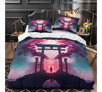 3D Print 3PCs Bedding Set Home Decor Zipper Closure Design Extra Sakura Gate Night Duvet Cover Durable Anti-allergic for Teenagers,Teens,Girls fantasy Anime Comforter Cover Single（140x200cm）