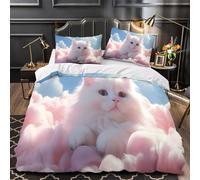 3D Printed 3 Pcs Bedding Set Bed Decor Hidden Zipper Super Soft Cute White Cat Quilt Cover Durable Wrinkle-Resistant for Adults,Kids,Teenagers fantasy Fluffy Duvet Cover Double（200x200cm）