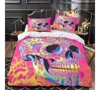 3D Printed 3 Pcs Bedding Set Bed Decor Zipper Closure Ultra Psychedelic Skull Quilt Cover Breathable Wrinkle-Resistant for Youth,Adults,Boys vibrant Surreal Duvet Cover Super king（260x220cm）