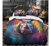 3D Printed 3-Piece Bedding Set Bed Decor Hidden Zipper Super Vibrant Rhino Comforter Cover Washable Anti-allergic for Teens,Boys,Women colorful Digital Painting Quilt Cover Single（135x200cm）