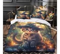3D Printed 3-Piece Bedding Set Home Decor Zipper Super Soft Cute Kitten Wizard Quilt Cover Durable Anti-allergic for Adults,Women,Children Fantasy Forest Duvet Cover King（220x240cm）