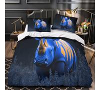 3D Printed 3 Pieces Bedding Set Bed Decor Super Blue Rhino Comforter Cover Hypoallergenic Machine Washable for Teens,Boys,Children Fantasy Animal Quilt Cover Double（200x200cm）