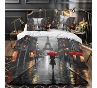 3D Printed 3PCs Bedding Set Bed Decor Zipper Closure Super Soft Paris Street Quilt Cover Hypoallergenic All Season for Adults,Boys,Children romantic Rainy Night Duvet Cover Super king（260x220cm）