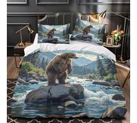 3D Printed 3PCs Bedding Set Bedroom Decor Zipper Closure Grizzly Bear Standing Comforter Cover Machine Washable Hotel Quality for Youth,Teens,Boys Nature Wilderness Quilt Cover Single（140x200cm）