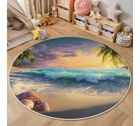 3D Rotondo Blu E Bianco Gusci Di Palma Stampa Tappeto Salotto Grande Pelo Corto Paesaggio Con Onde Del Mare,Moquette Antiscivolo,Soggiorno Bambini Camera Da Letto Decorazione Domestica Tappeti,120Cm