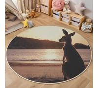 3D Rotondo Marrone Canguro Da Spiaggia Stampa Tappeto Salotto Grande Pelo Corto Animali Australiani,Moquette Antiscivolo,Soggiorno Bambini Camera Da Letto Decorazione Domestica Tappeti,200Cm