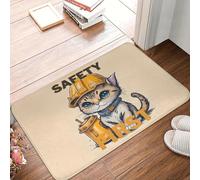 3D Safety First Cat Hard Hat Pattern Non-slip Polyester Doormat, Rectangular Welcome Mat for Home, Kitchen, Machine Washable-50x80cm