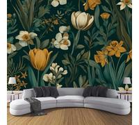 3D Seta Carta Da Parati Panoramica Motivo Vintage Con Fiori Di Campo, 350L × 256A Cm, Tulipani Narcisi Grandi Murali Arazzo Per Soggiorno, Adulto, Camera Dei Bambini, Studio Decorazione Verde Scuro