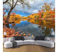3D Seta Carta Da Parati Panoramica Paesaggio Autunnale, 400L × 280A Cm, Riflesso Sul Lago Grandi Murali Arazzo Per Soggiorno, Adulto, Camera Dei Bambini, Studio Decorazione Giallo