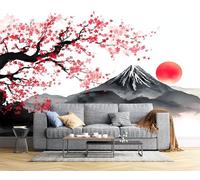 3D Seta Carta Da Parati Panoramica Pittura D'Arte Tradizionale, 250L × 175Acm, Illustrazione Del Monte Fuji Grandi Murali Arazzo Per Soggiorno, Camera Dei Bambini, Studio Decorazione Nero Di Carbonio