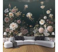 3D Seta Carta da Parati Panoramica Scena Subacquea Fantasy, 450L × 315A cm, Vita Marina Elementi Della Barriera Corallina Grandi Murali Arazzo per Soggiorno, Studio Decorazione Verde Scuro