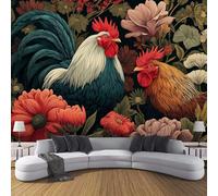 3D Seta Carta Da Parati Panoramica Stile Pastorale, 400L × 280A Cm, Gallo Illustrazione Floreale Grandi Murali Arazzo Per Soggiorno, Adulto, Camera Dei Bambini, Studio Decorazione Fard In Polvere