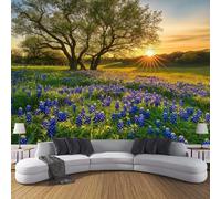 3D Seta Carta Da Parati Panoramica Vista Dell'Alba In Giardino, 300L × 210A Cm, Campo Di Fiori Di Lupino Grandi Murali Arazzo Per Soggiorno, Adulto, Camera Dei Bambini, Studio Decorazione Verde