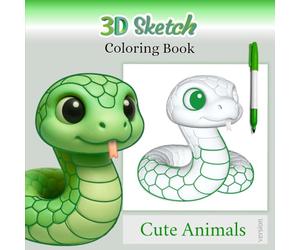3D sketch coloring book, Cute Animals version: Draw and color easily with 50 grayscale pages, applying techniques such as line art and shading. Art material suitable for beginners, teens and adults.