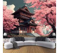 3D Stile Anime Carta Da Parati Panoramica In Seta, 400L × 280A Cm,Fiori Di Ciliegio Architettura Grandi Murali, Poster Per Soggiorno, Camera Da Letto,Rosa Scuro