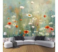 3D Stile Pastorale Carta Da Parati Panoramica In Seta, 300L × 210A Cm,Margherite Di Fiori Di Campo Grandi Murali, Poster Per Soggiorno, Camera Da Letto,Verde