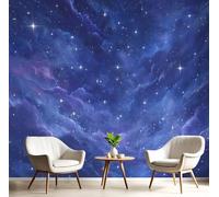 3D Stile Sognante Carta da parati panoramica in seta, 400L × 280A cm,Scena Con Cielo Stellato E Nuvole grandi murali, poster per soggiorno, camera da letto,Blu Scuro