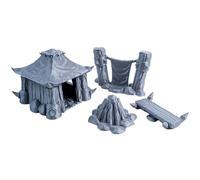 3D Vikings Orc Camp Set: cabina rustica, striscione da battaglia, falò accogliente e panca in legno, scala 28/32 mm, grigio non verniciato, ideale per giochi di ruolo da tavolo e giochi di guerra