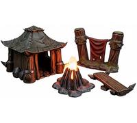 3D Vikings Orc Camp Set: cabina rustica, striscione da combattimento, accogliente falò e panchina in legno, scala 28/32 mm, grigio non verniciato, ideale per giochi di guerra e tavolo