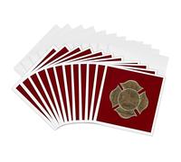3dRose - Biglietti d'auguri con immagine del vigile del fuoco, motivo a nastro grigio su rosso o marrone, 15,2 x 15,2 cm, set da 12 (gc_308923_2)