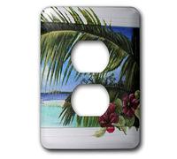 3dRose LSP_44367_6 - Scena dell'isola che guarda attraverso la finestra con fiori di ibisco e foglie di palma su sfondo strutturato