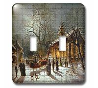 3dRose LSP_60438_2"Chiesa, neve, Carrozza trainata da cavalli, cani e persone doppio interruttore a levetta