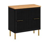 3E 3xE living.com Mobile Bagno a Terra sotto Lavabo con Piano, 2 Cassetti con Chiusura Ammortizzata, Frontale Rigato MDF 18 mm, Nero + Piano Rovere Craft, Maniglie Oro, Piedini Oro, 60 x 46 x 73,6 cm