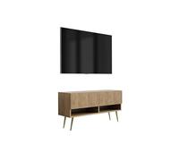3E 3xE living.com Mobile TV con frontale scanalato, Rovere Craft, gambe inclinate dorate, 100 × 32 × 52 cm