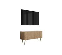 3E 3xE living.com Mobile TV con frontale scanalato, Rovere Craft, gambe inclinate dorate, 100 × 32 × 52 cm