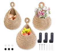 3PCS Appendi Amaca per Frutta, SHAIDOJIO Amaca da Appendere alla Frutta per la Cucina, Cesto Appeso Intrecciato a Mano per Conservare la Frutta con 3 Ganci per Camper Cucina Camper Casa (S+M+L)