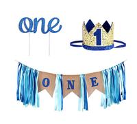 3PCS Baby One Year Letter Birthday Cake Banner Party Crown Plugin Princess