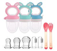 3pcs Ciucci per Frutta per Neonati Alimentatore per Frutta Anti-Soffocamento Senza BPA per Neonati + 3 Capezzoli in Silicone in 3 Misure + 2 Spazzole per Dita del Bambino (3pcs Blu+Rosa+Verde)