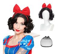 3Pcs Cosplay Parrucche Parrucca da Donna,Nero Corto Riccia Parrucca Black Ricci Corto Sciolti Parrucche con Cuffia Fascia per Capelli con Fiocco per Parrucca per Halloween Carnevale Natale Compleanno